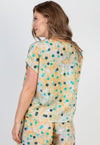 Silk Linen Printed Top With Tie Detail - Yellow/Teal Dott