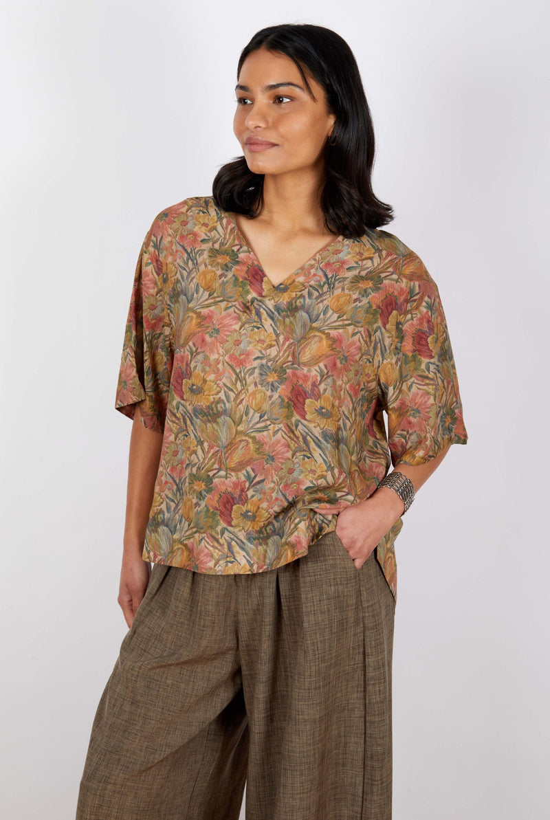 Swiss Cotton V Neck Top - Beige