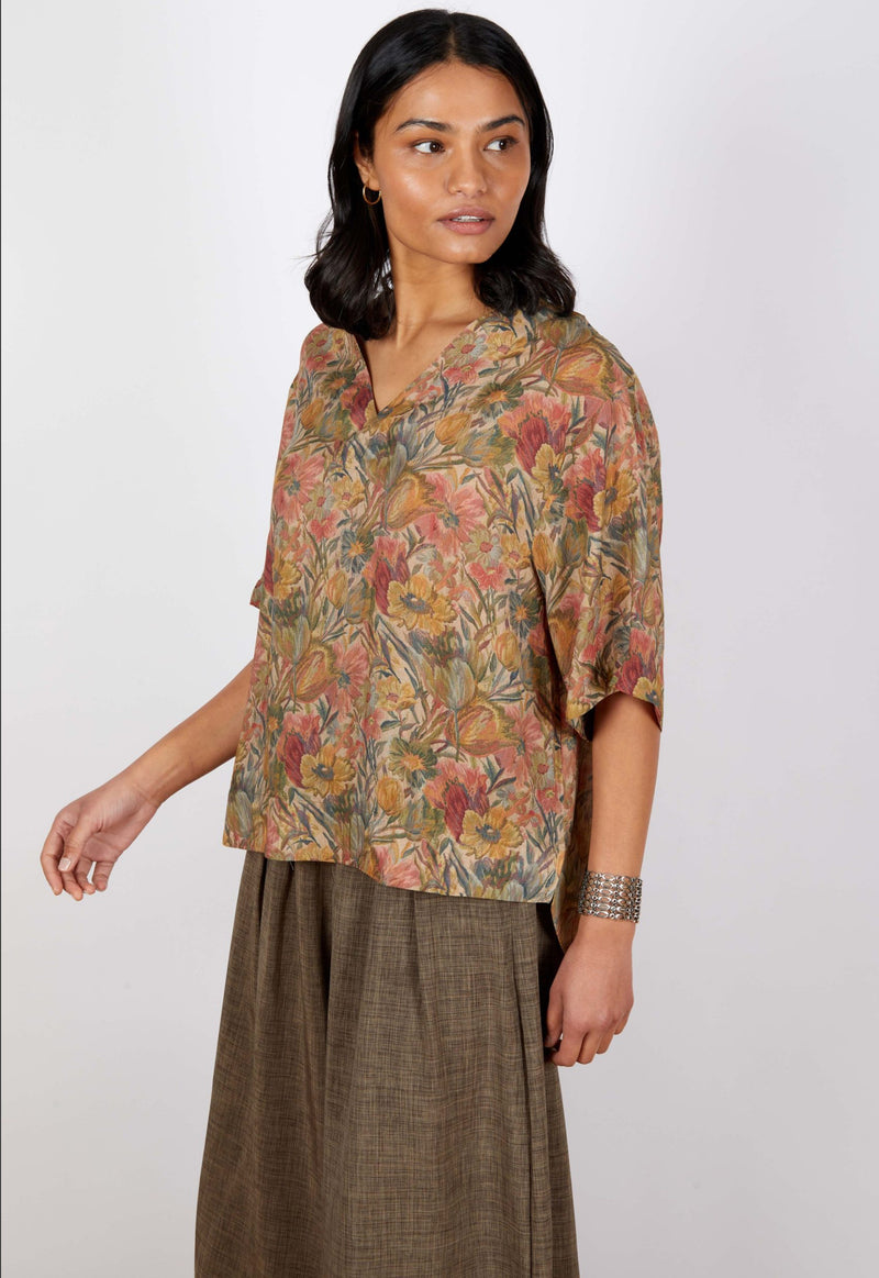 Swiss Cotton V Neck Top - Beige