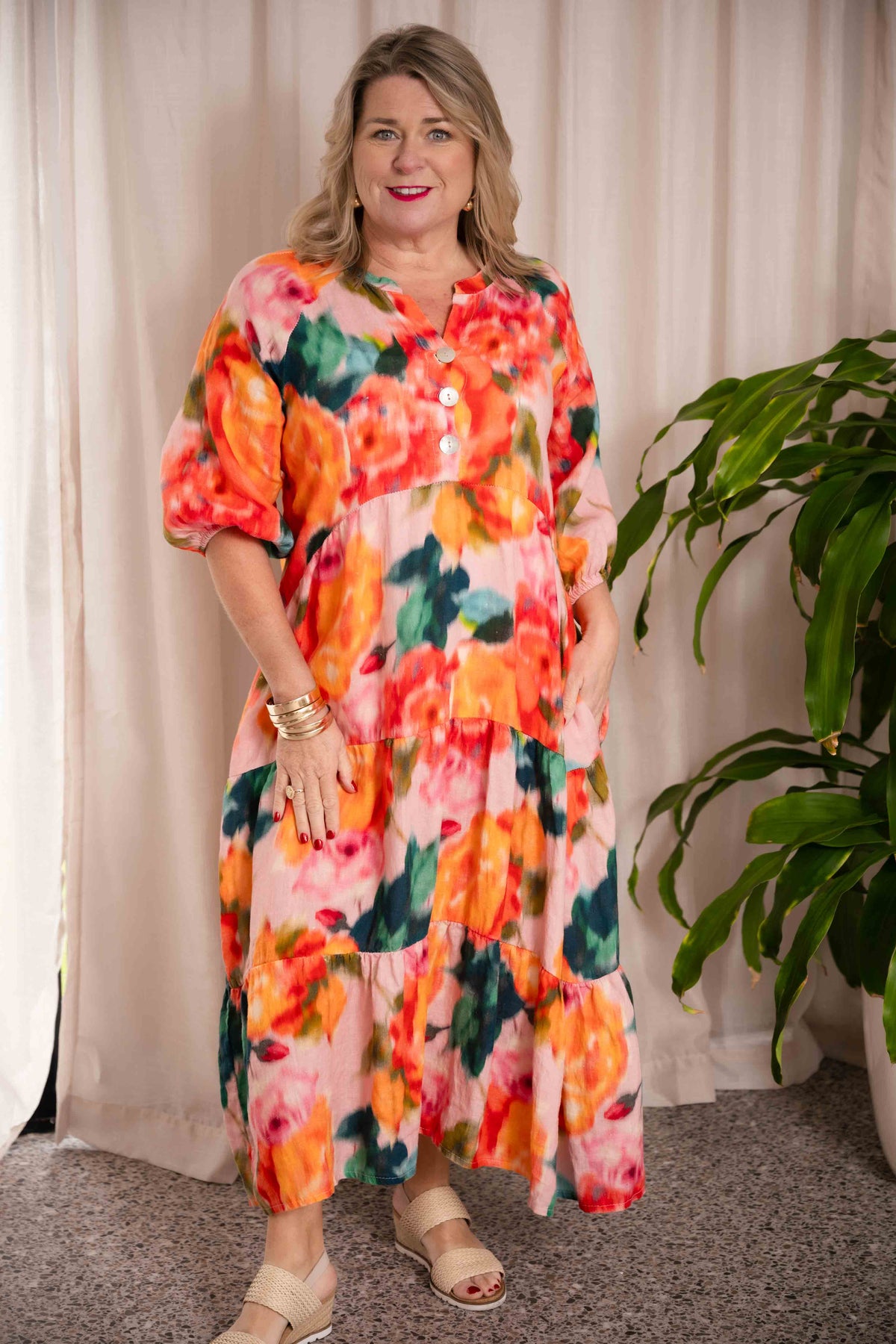 Donna Donna - Romance TieredLinen Dress - Orange/Green