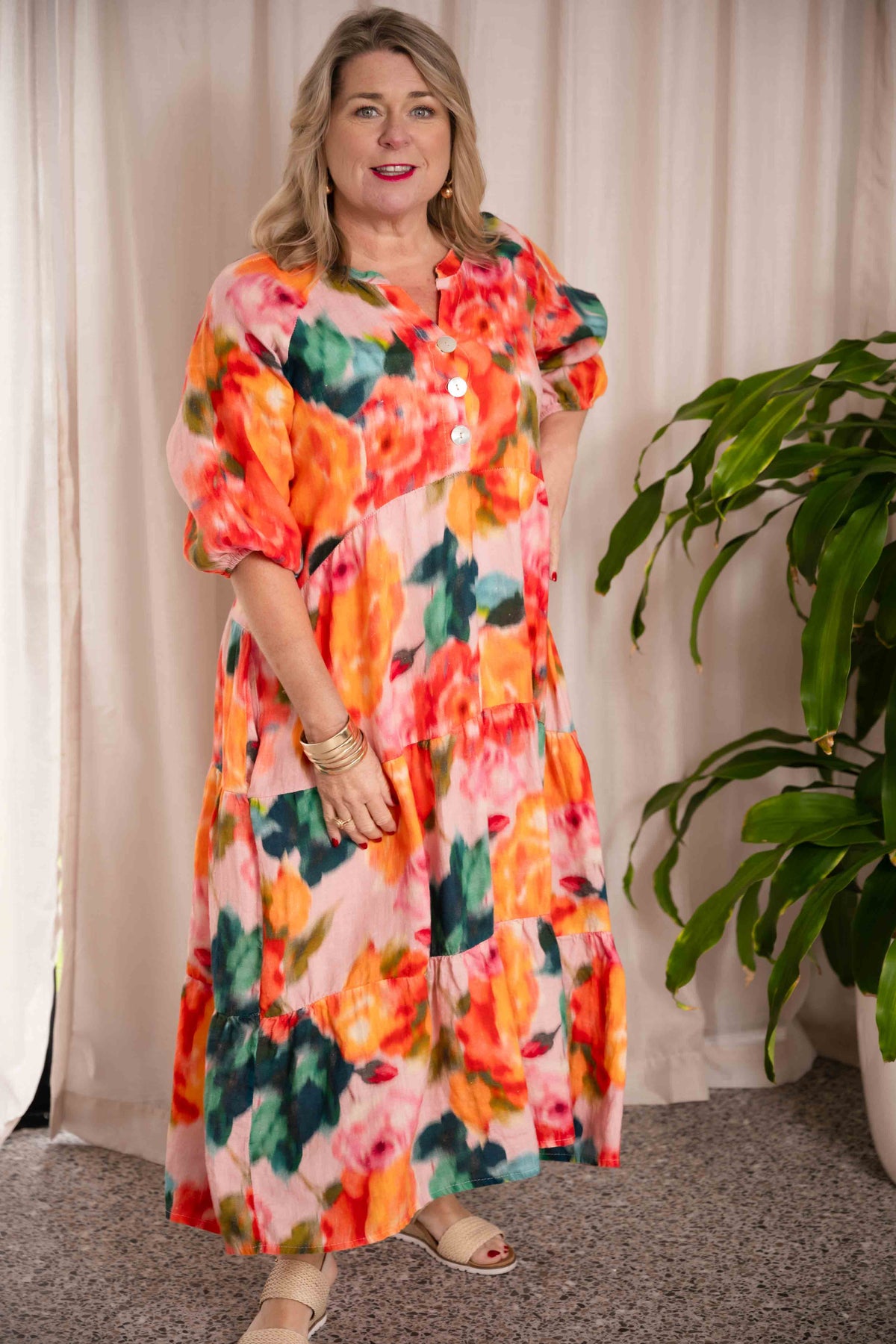 Donna Donna - Romance TieredLinen Dress - Orange/Green