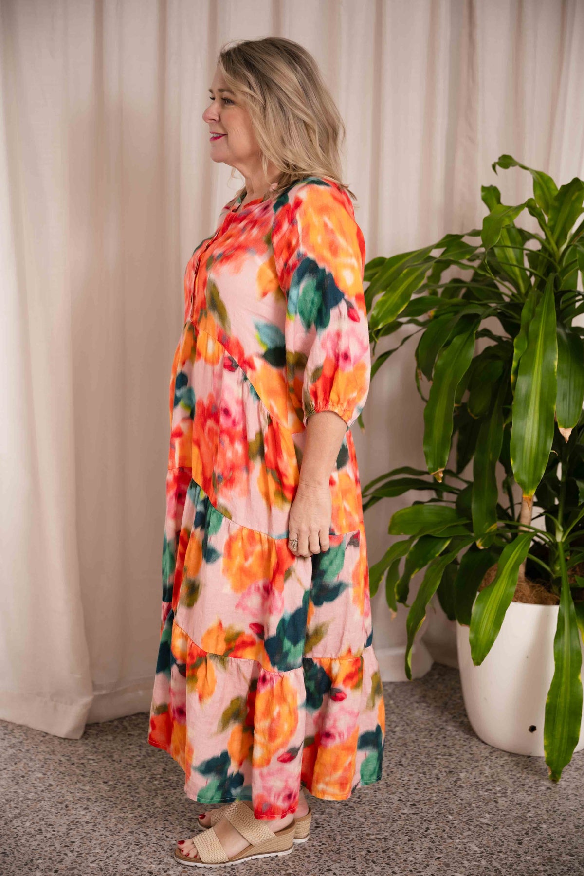 Donna Donna - Romance TieredLinen Dress - Orange/Green