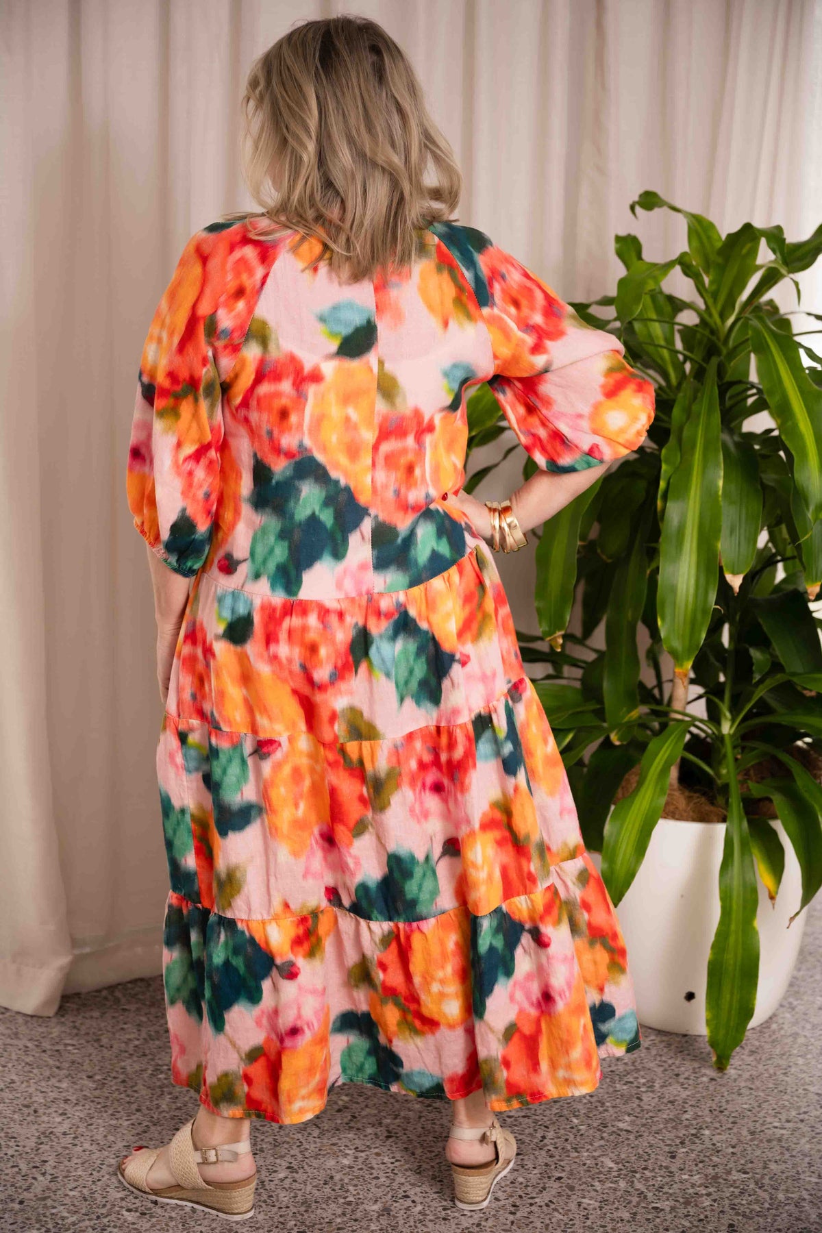 Donna Donna - Romance TieredLinen Dress - Orange/Green