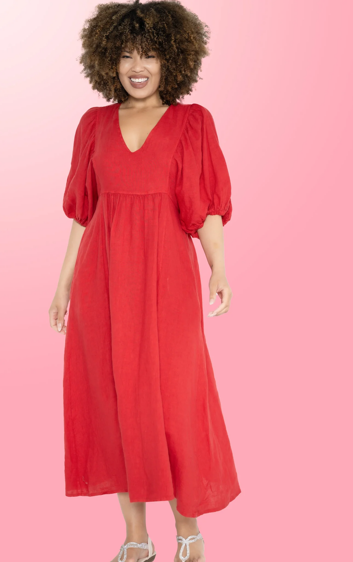 Donna Donna - Puff Sleeve Linen Dress - Red