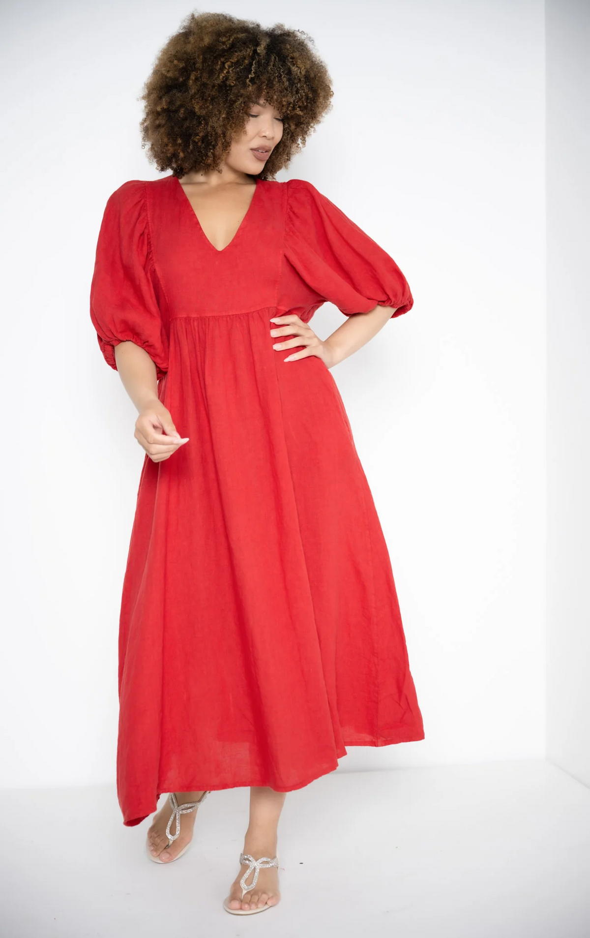 Donna Donna - Puff Sleeve Linen Dress - Red — LAST - size XS