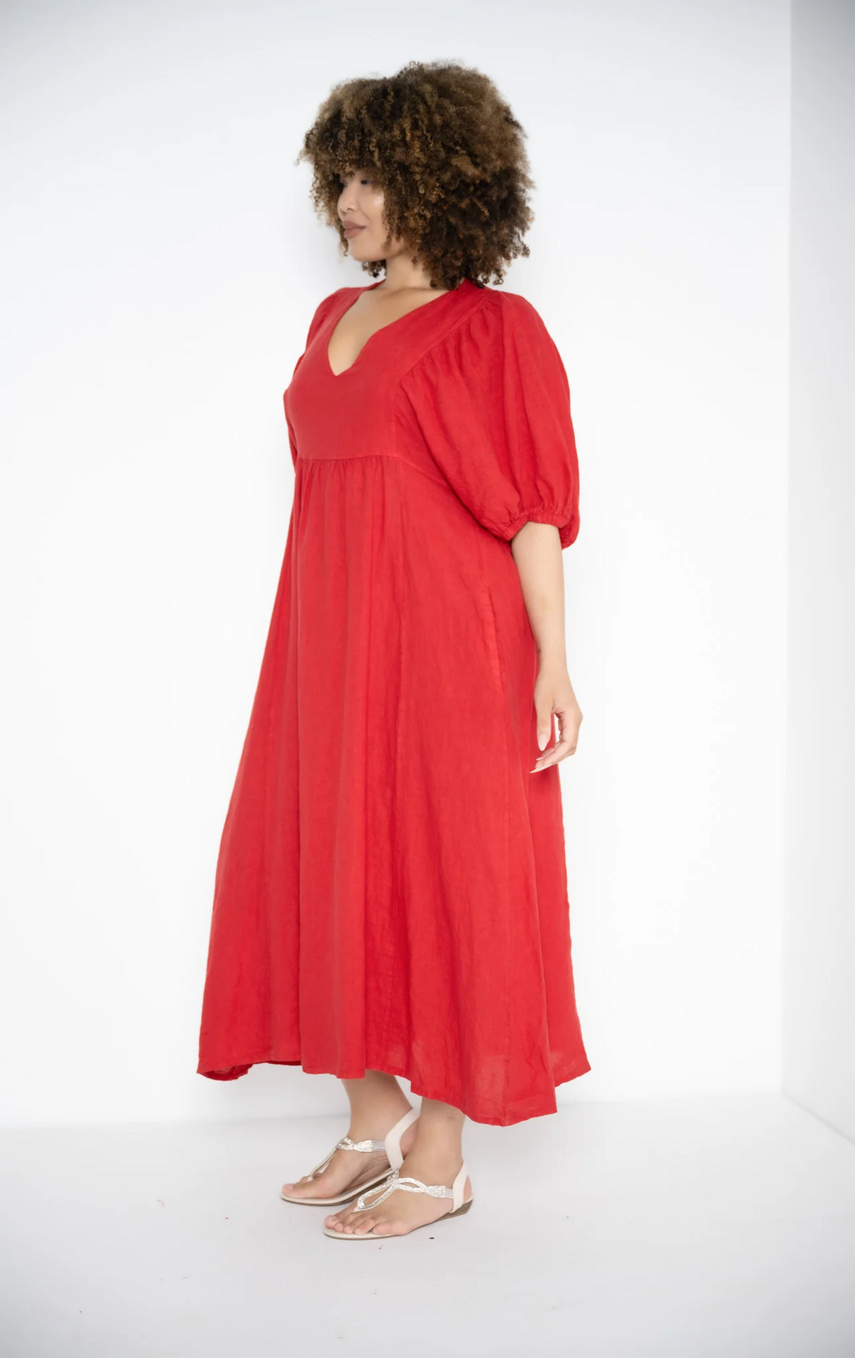 Donna Donna - Puff Sleeve Linen Dress - Red — LAST - size XS