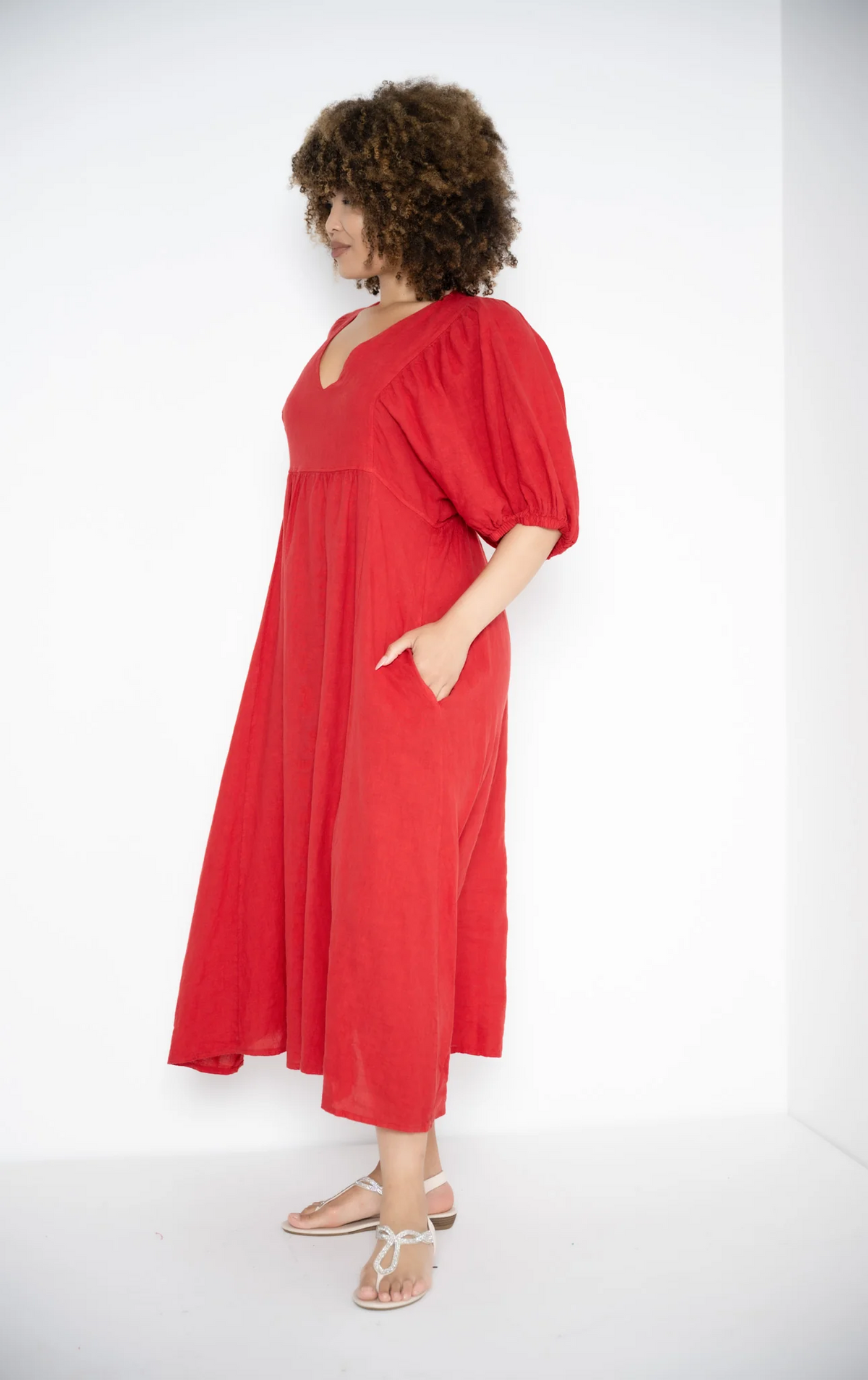 Donna Donna - Puff Sleeve Linen Dress - Red — LAST - size XS