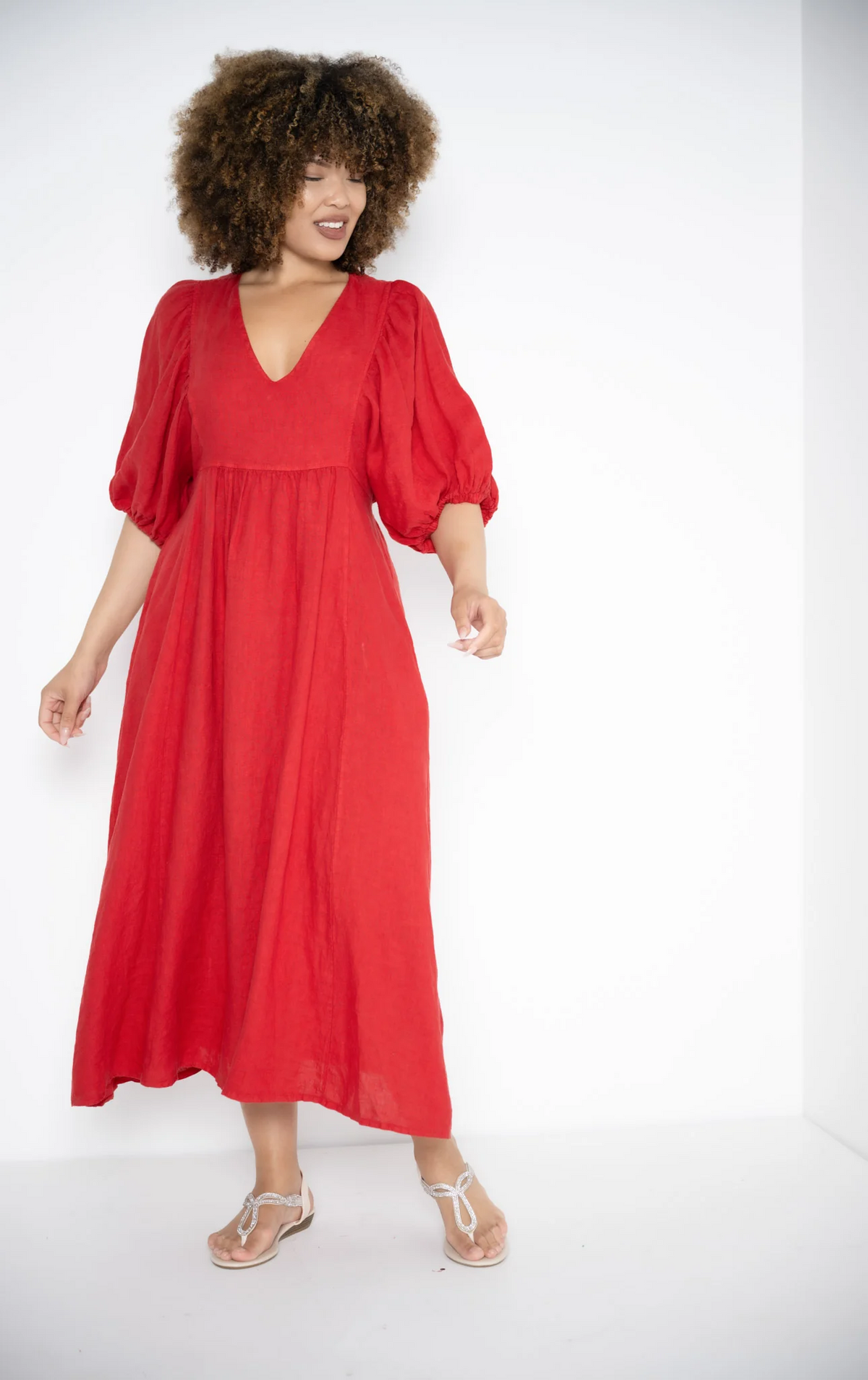 Donna Donna - Puff Sleeve Linen Dress - Red — LAST - size XS