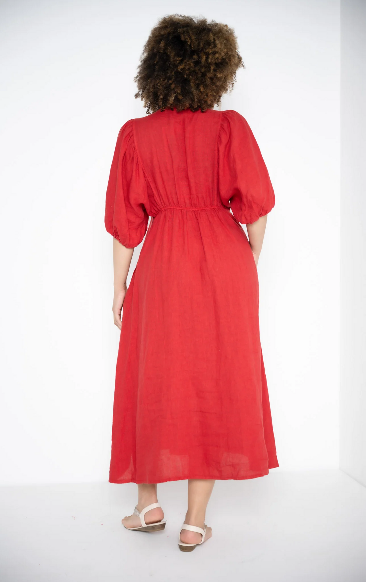 Donna Donna - Puff Sleeve Linen Dress - Red — LAST - size XS