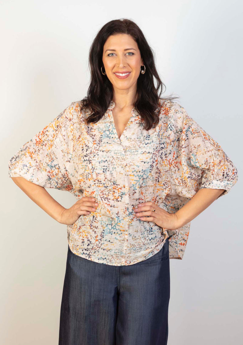 Swiss Cotton V Neck Short Sleeve Top - Multi