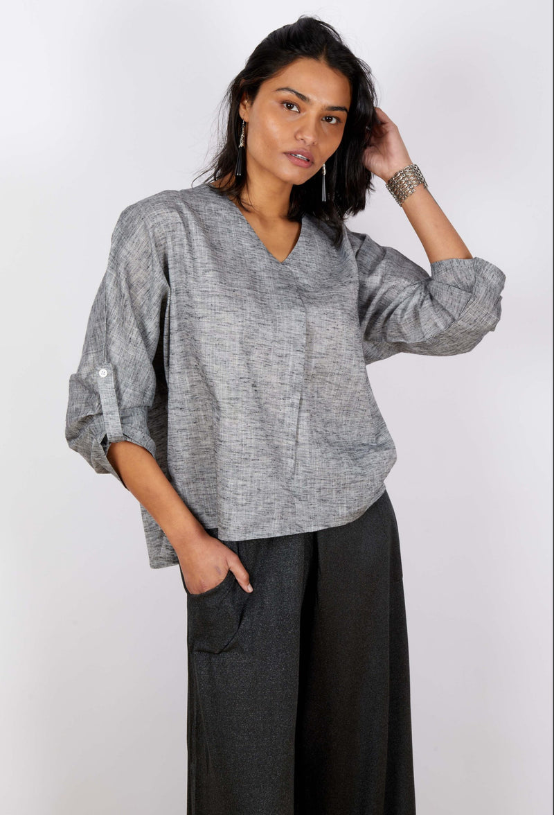 Cotton V Neck 3/4 Sleeve Top - Grey