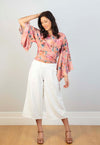 Swiss Cotton V Neck Kimono Wrap Long Swing Sleeve Top - Pink