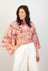 Swiss Cotton V Neck Kimono Wrap Long Swing Sleeve Top - Pink