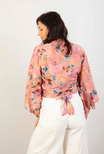 Swiss Cotton V Neck Kimono Wrap Long Swing Sleeve Top - Pink