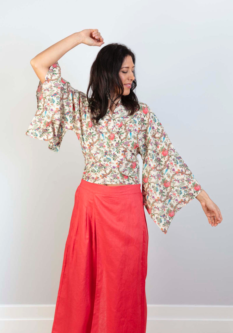 Swiss Cotton V Neck Kimono Wrap Long Swing Sleeve Top - Multi