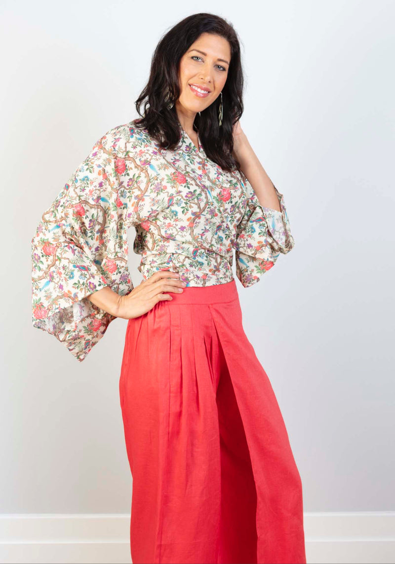 Swiss Cotton V Neck Kimono Wrap Long Swing Sleeve Top - Multi