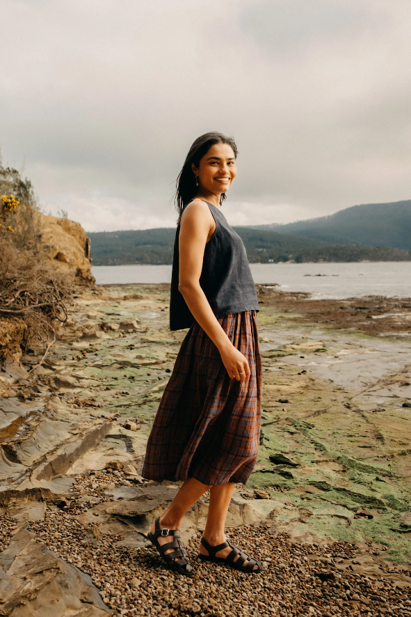 Montaigne ‘Elke’ French Linen Tartan Plaid Skirt - Purple/Brown