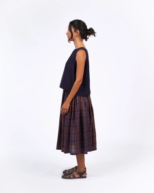 Montaigne ‘Elke’ French Linen Tartan Plaid Skirt - Purple/Brown