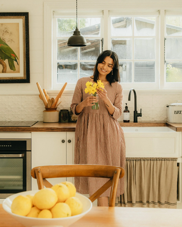 Montaigne - Journee - French Linen Gingham Linen Dress - Antique Rose