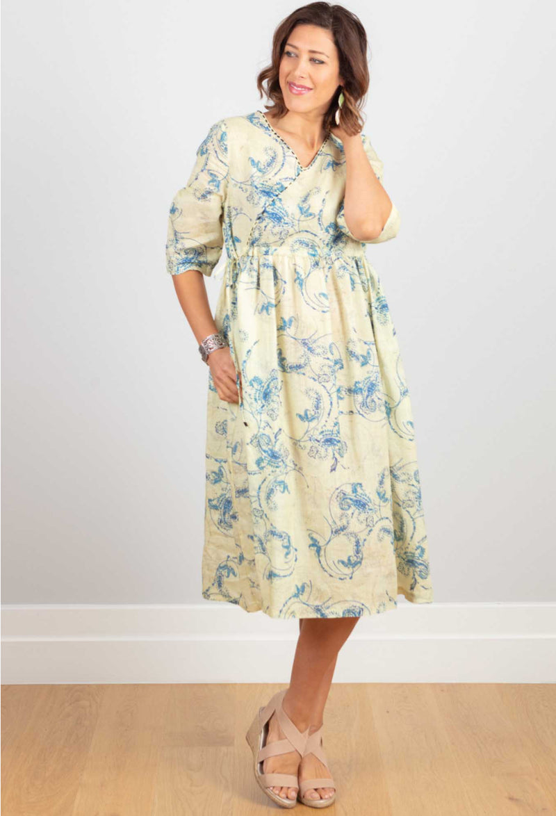 Silk Linen Dress - Lemon/Blue Print