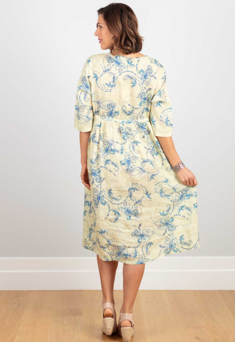 Silk Linen Dress - Lemon/Blue Print