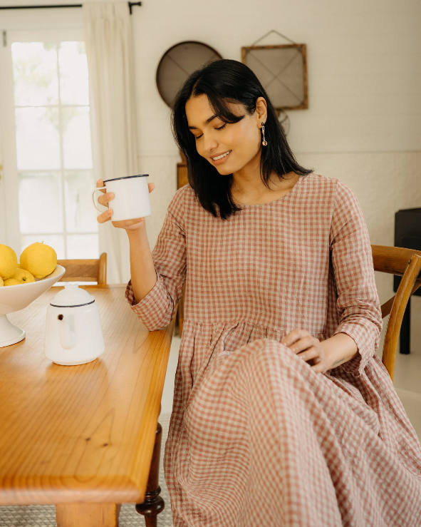 Montaigne - Journee - French Linen Gingham Linen Dress - Antique Rose