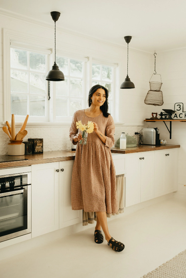 Montaigne - Journee - French Linen Gingham Linen Dress - Antique Rose