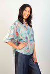 Swiss Cotton V Neck Short Sleeve Top - Multi Grey/Teal