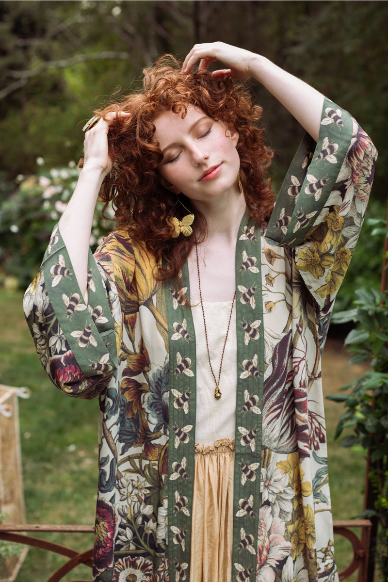 ‘Love Grows Wild’ Floral Bamboo Robe/Duster Kimono with Bees