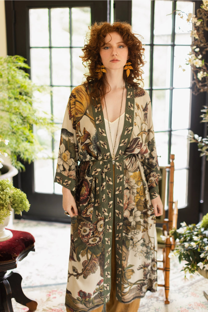 ‘Love Grows Wild’ Floral Bamboo Robe/Duster Kimono with Bees