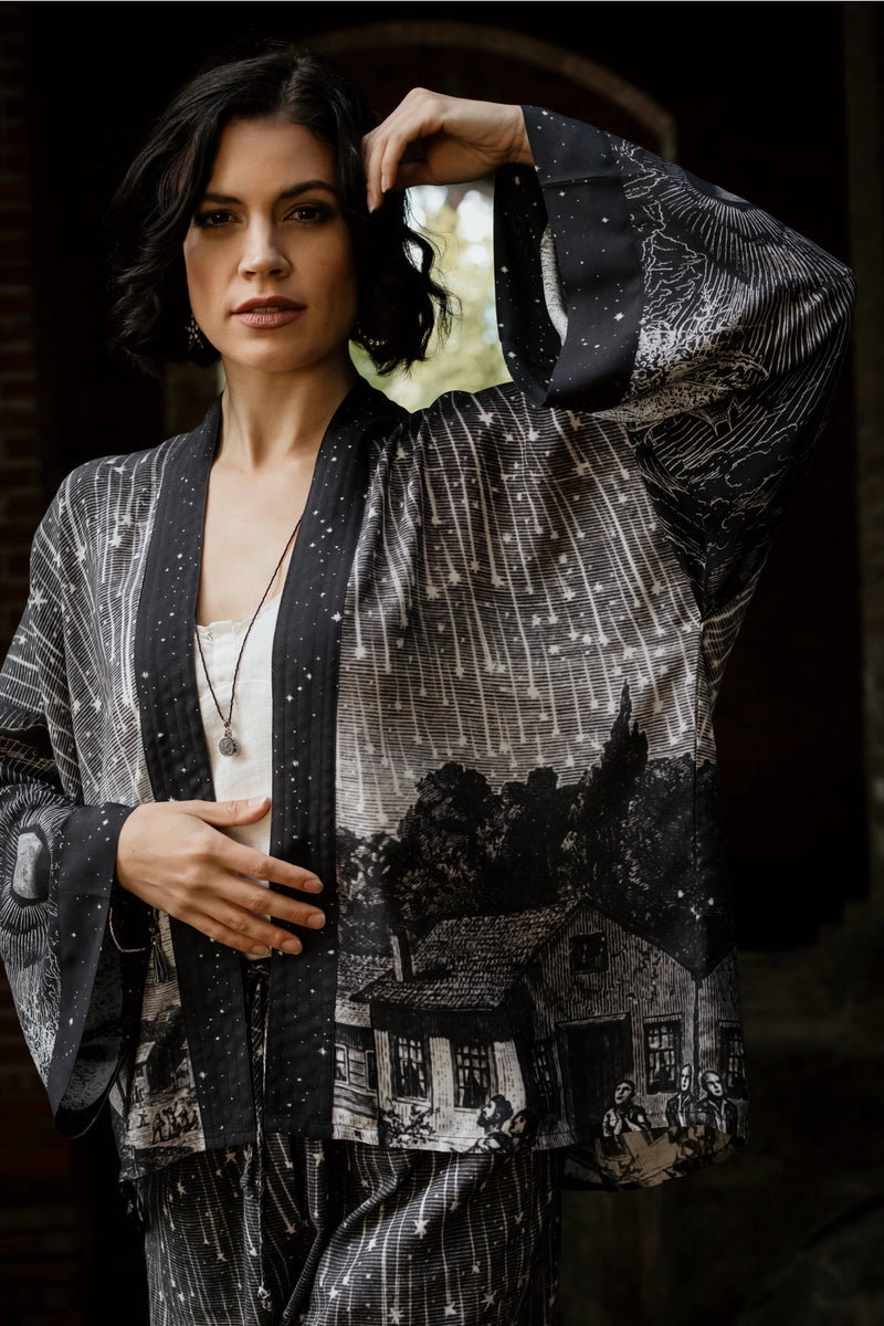 Stargazer Cropped Bamboo Kimono Cardigan with Falling Stars