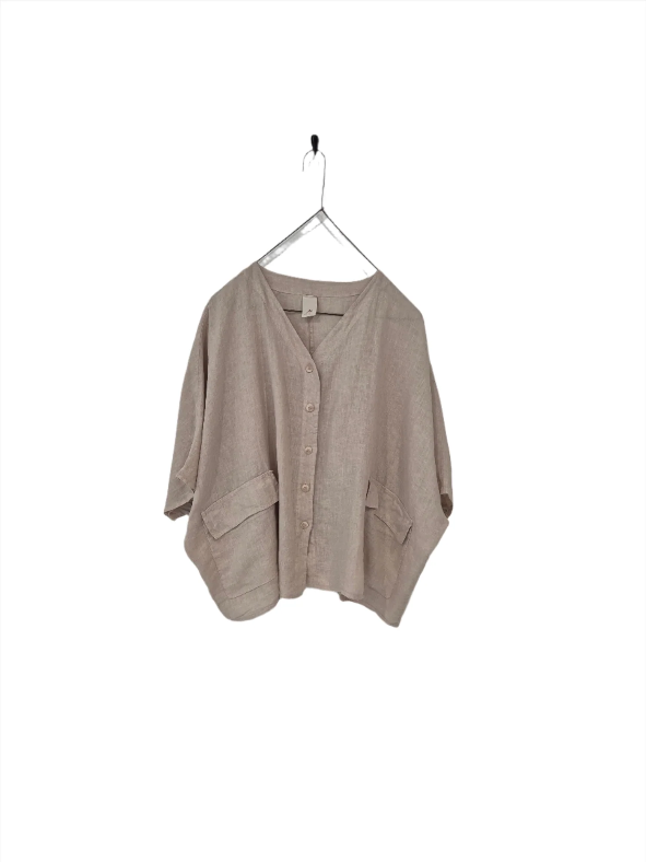 Montaigne ‘Brigitte’ Button Through Linen Top With Front Pockets - LAST ONE - Tobacco