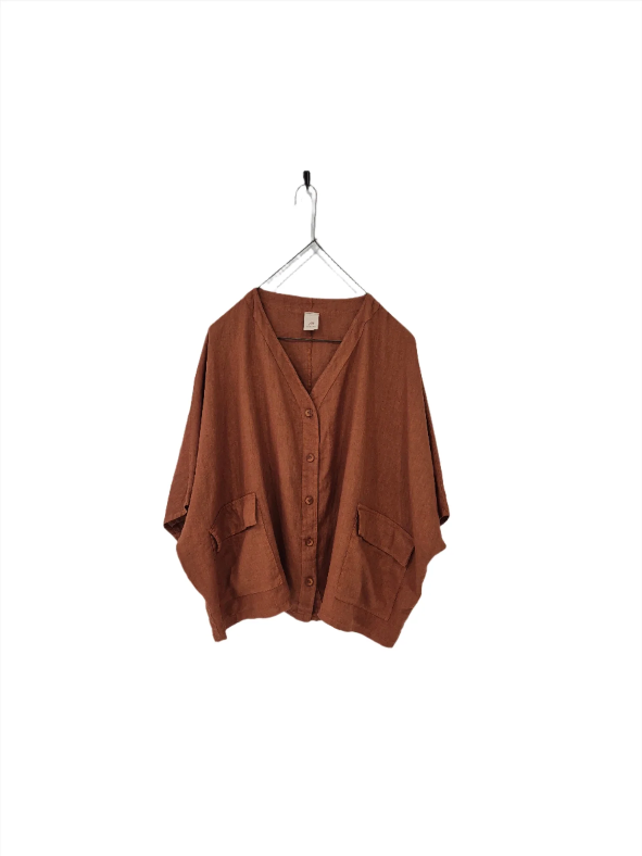 Montaigne ‘Brigitte’ Button Through Linen Top With Front Pockets - LAST ONE - Tobacco