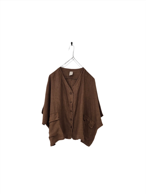 Montaigne ‘Brigitte’ Button Through Linen Top With Front Pockets - LAST ONE - Tobacco