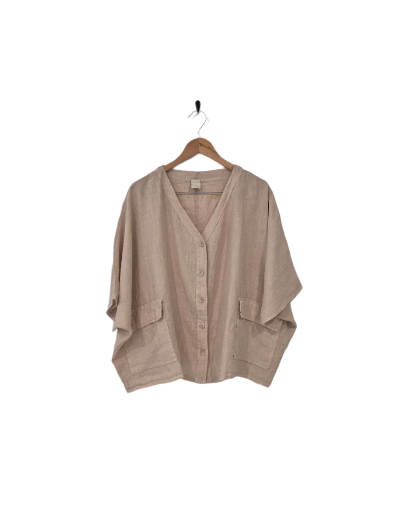 Montaigne ‘Brigitte’ Button Through Linen Top With Front Pockets - LAST ONE - Tobacco
