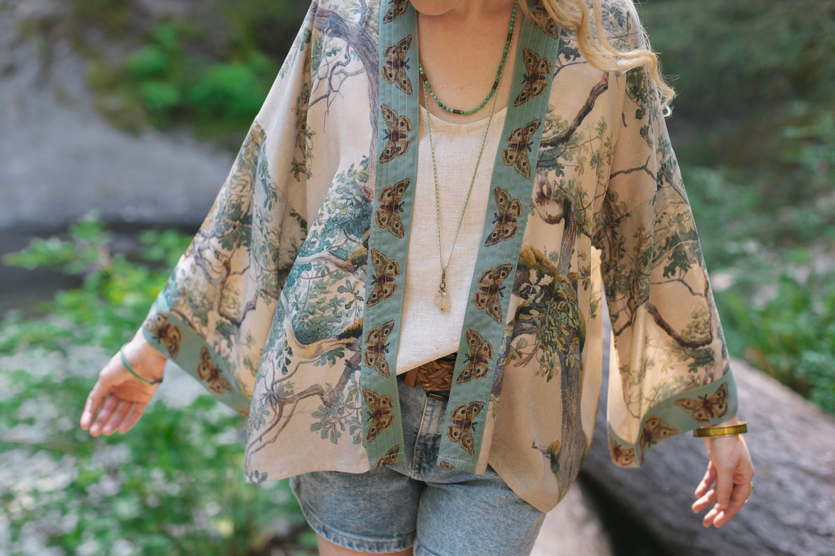 ‘Earth and Sky’ Pixie Cropped Duster Bamboo Kimono w/ Trees