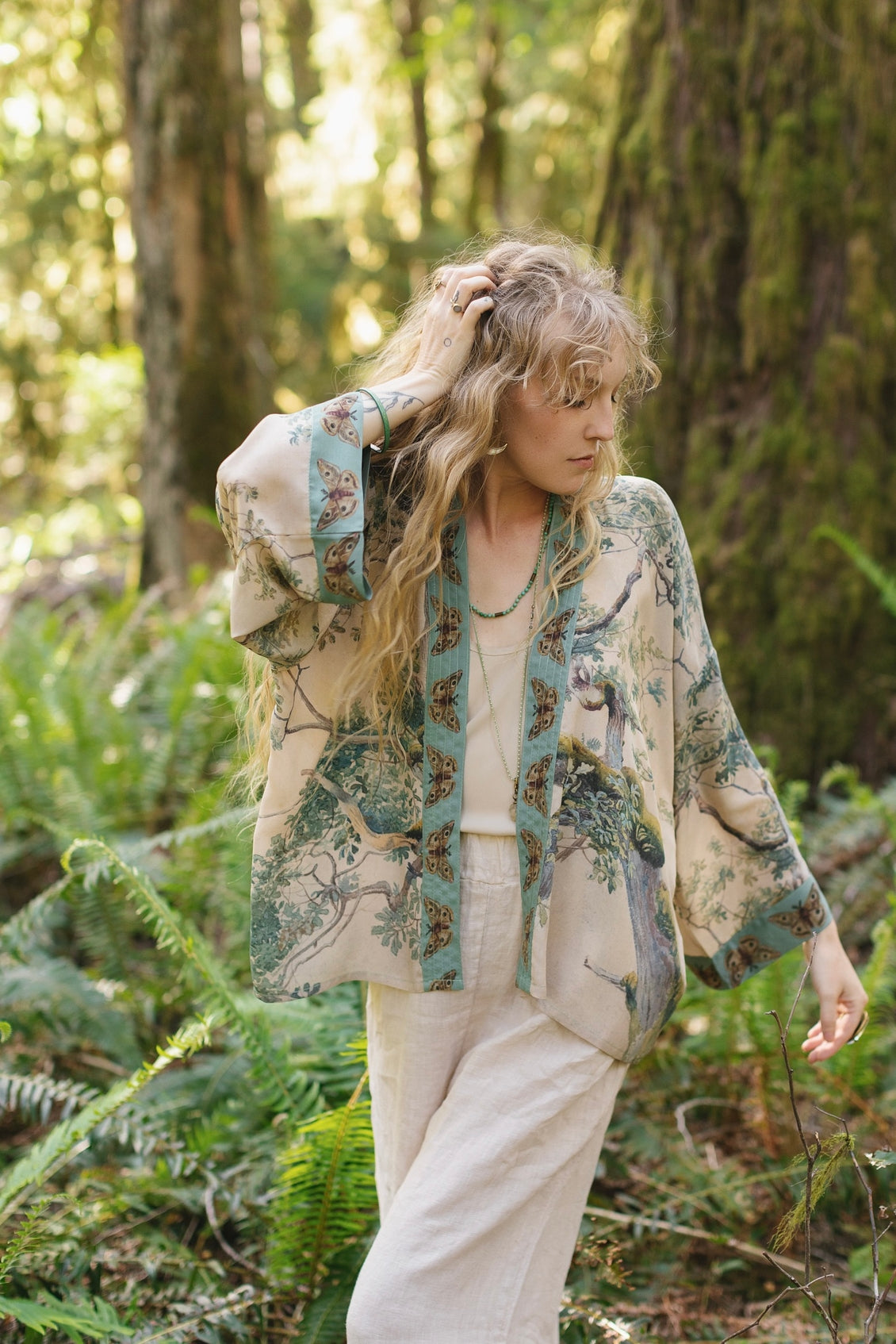 Market Of Stars - Earth and Sky - Pixie Cropped Duster Bamboo Kimono w/ Trees