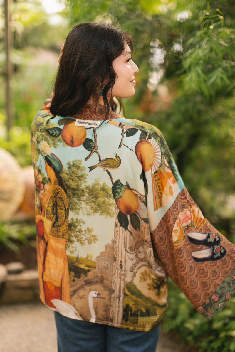 ‘Secret Garden’ Pixie Cropped Duster Bamboo Kimono w/ Swan