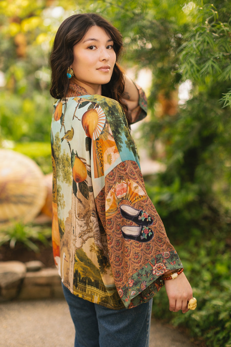 ‘Secret Garden’ Pixie Cropped Duster Bamboo Kimono w/ Swan