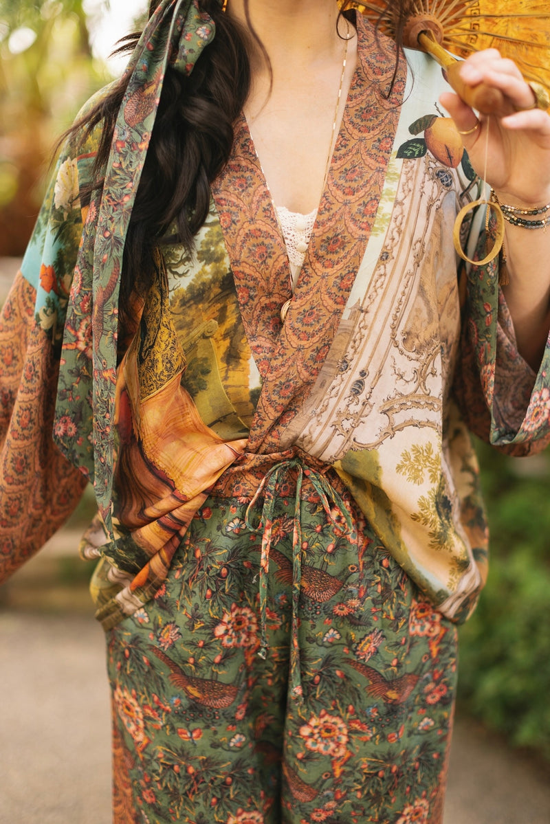 ‘Secret Garden’ Pixie Cropped Duster Bamboo Kimono w/ Swan