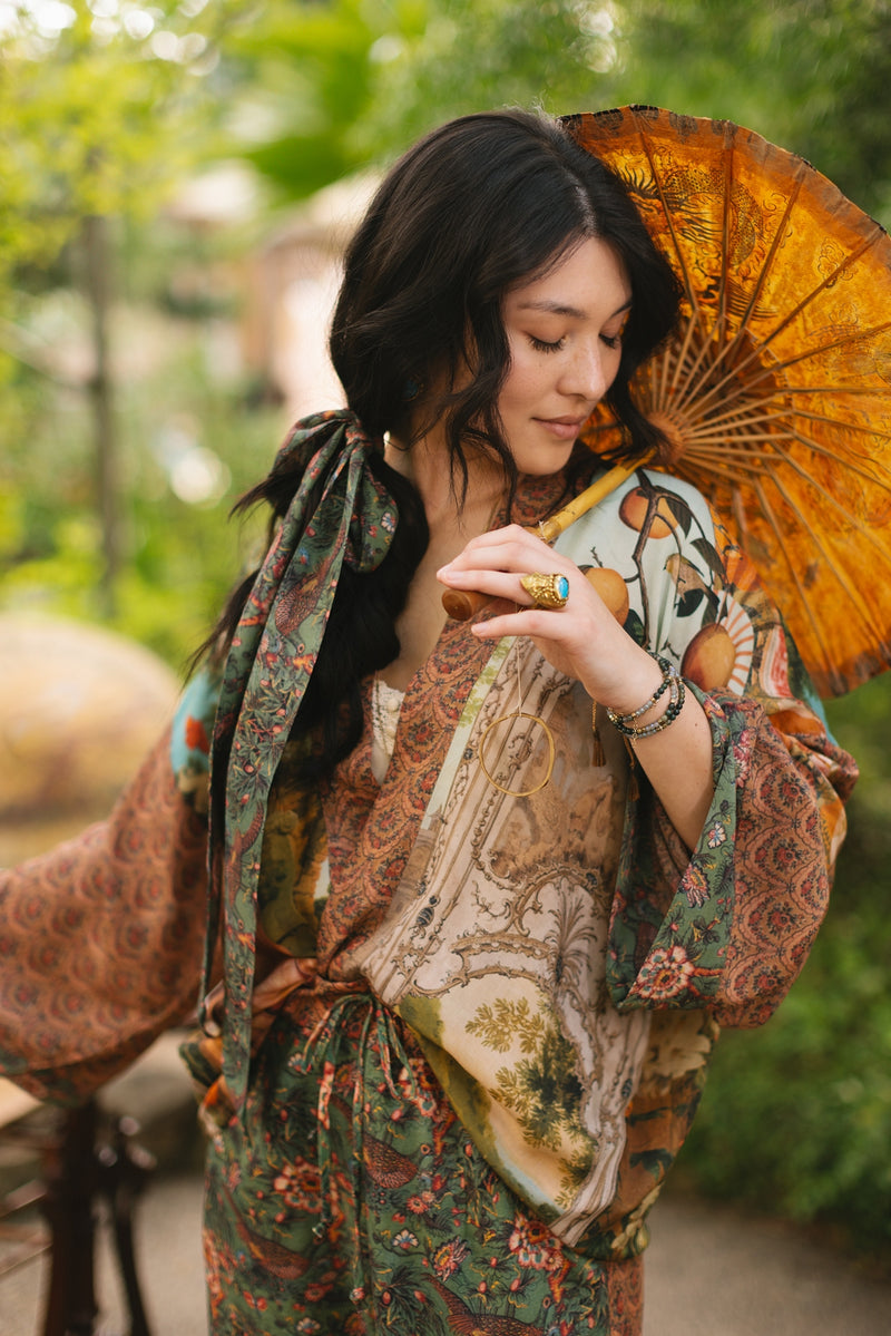 ‘Secret Garden’ Pixie Cropped Duster Bamboo Kimono w/ Swan