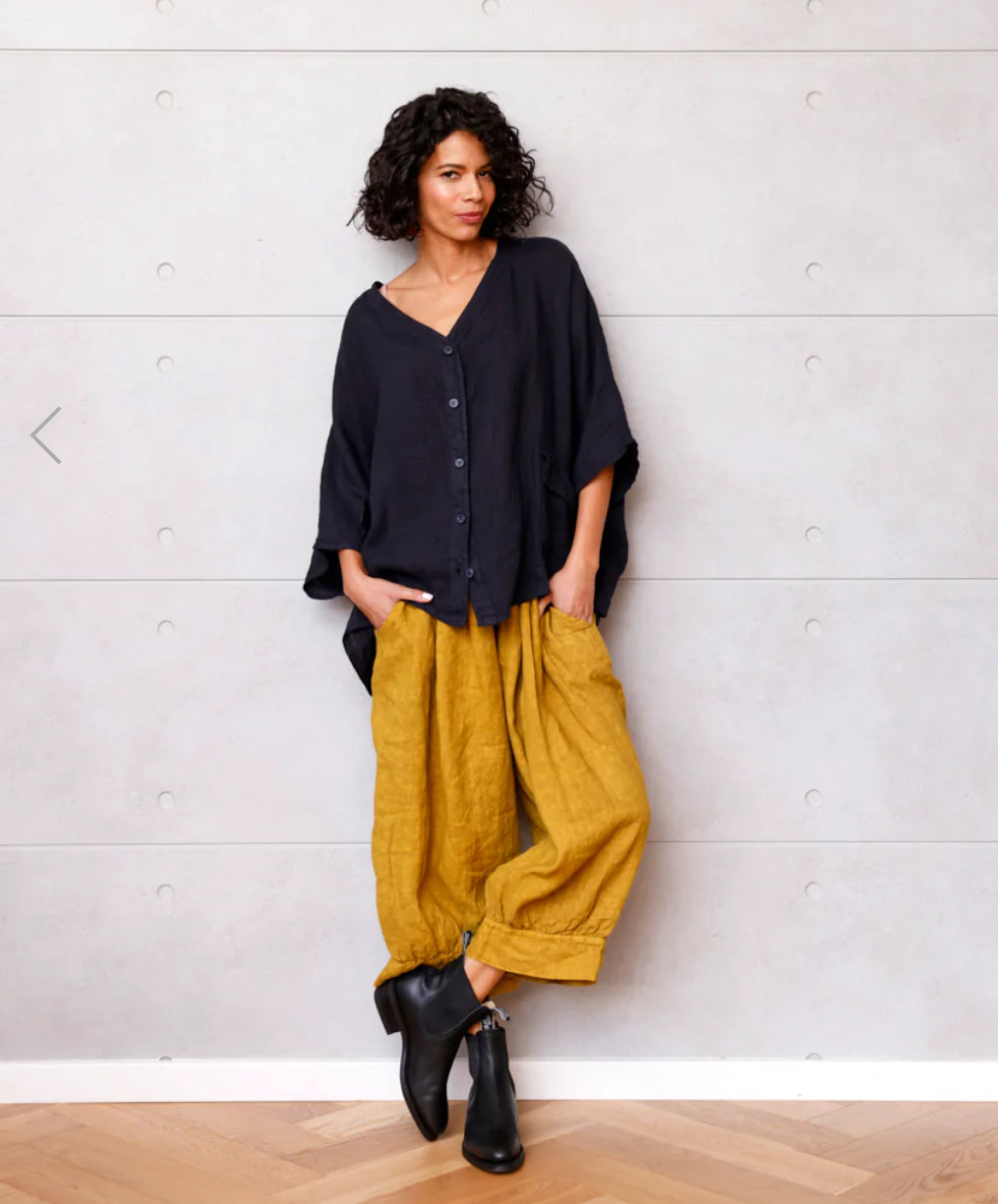 Montaigne ‘Brigitte’ Button Through Linen Top With Front Pockets - LAST ONE - Tobacco