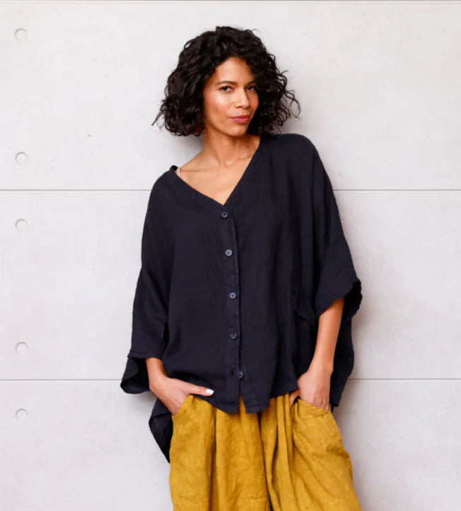Montaigne - Brigitte - Button Through Linen Top With Front Pockets