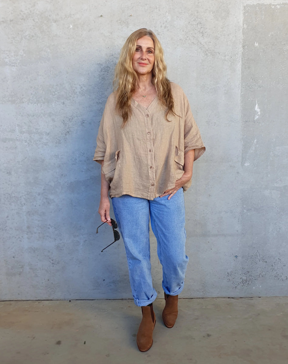 Montaigne ‘Brigitte’ Button Through Linen Top With Front Pockets - LAST ONE - Tobacco