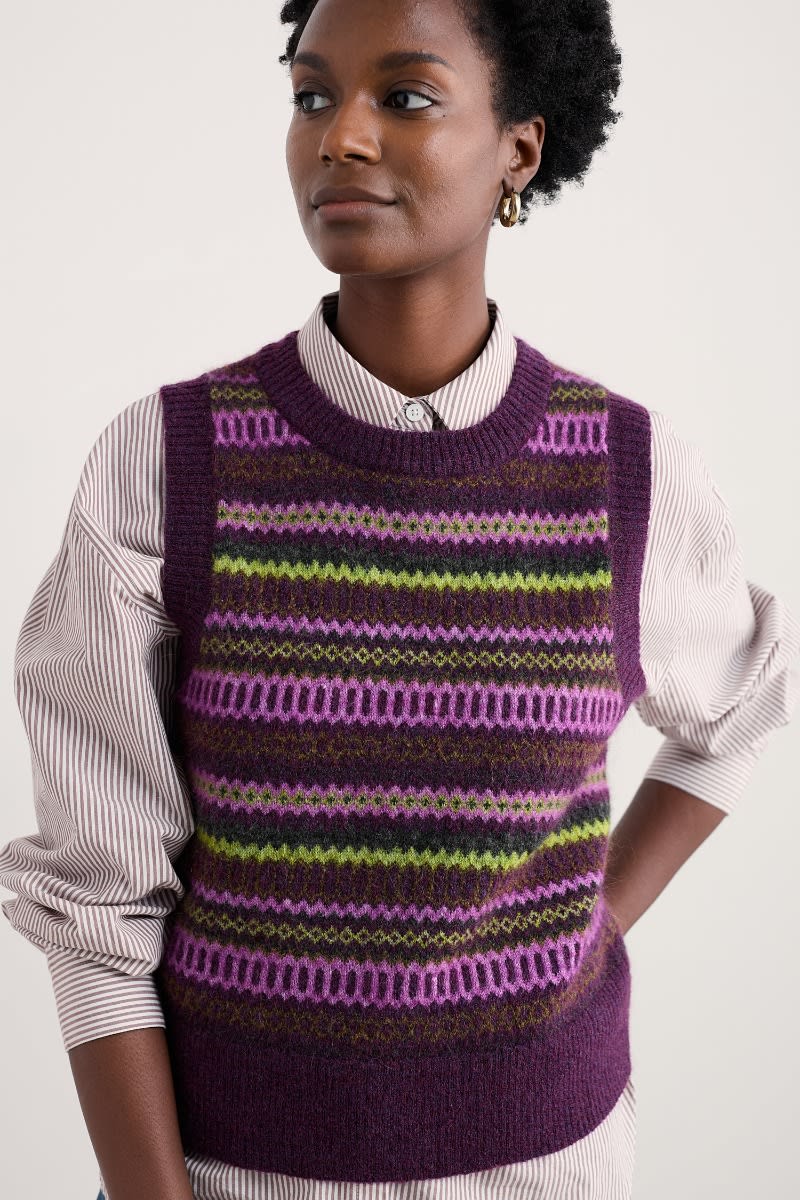 Seasalt Cornwall - Annik Fair Isle Vest - Modernist Grape Oak Mix
