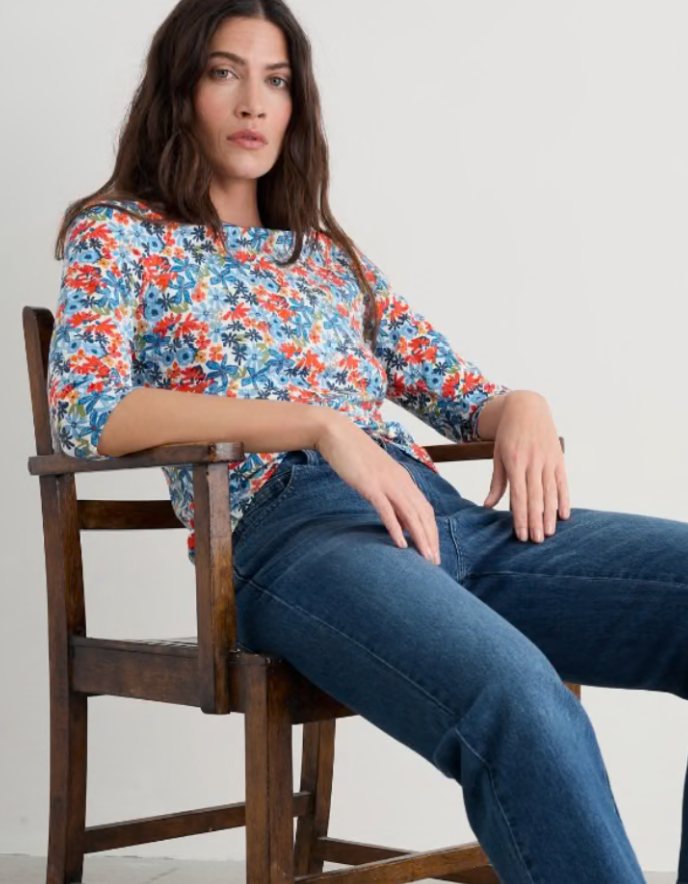 Seasalt Cornwall - 3/4 Easel 3/4 Sleeve Top Organic Cotton Jersey - Pastel Garden Chalk