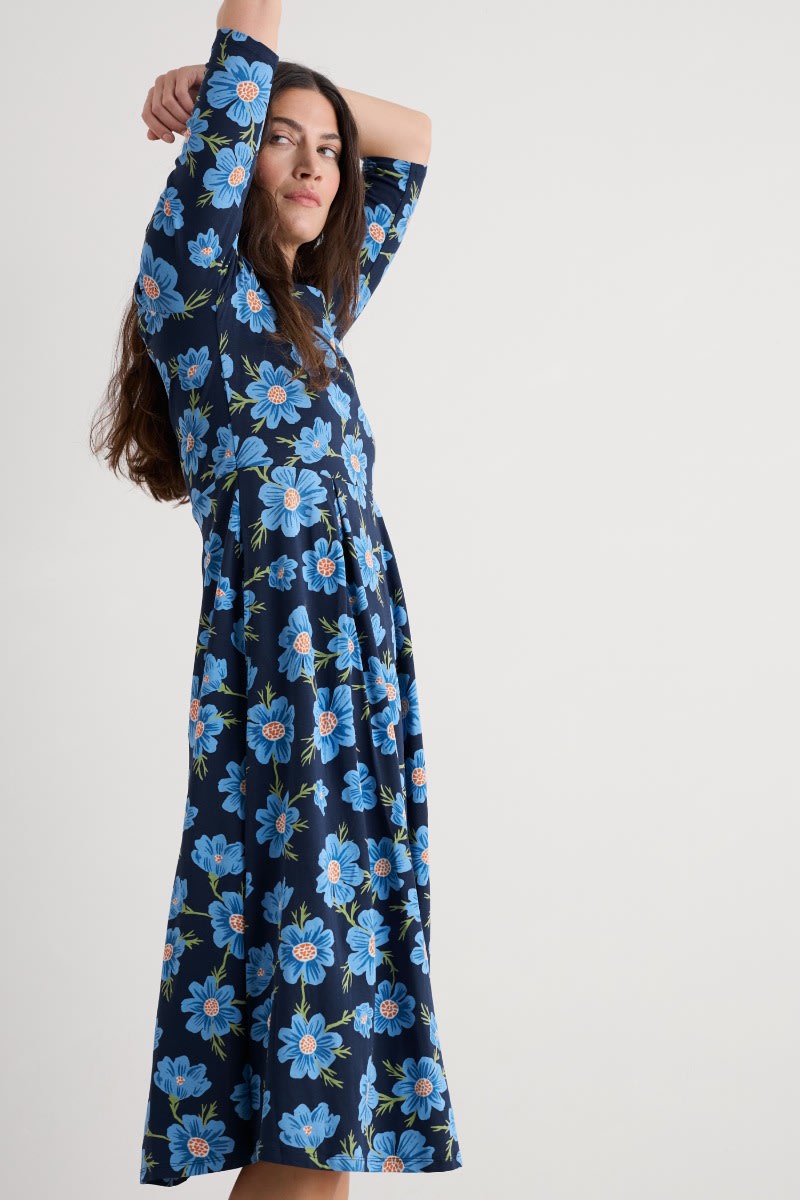 Seasalt Cornwall - Veronica Midi Dress in GOTS - Certified Organic Cotton Jersey - Climbing Cosmos Lagoon