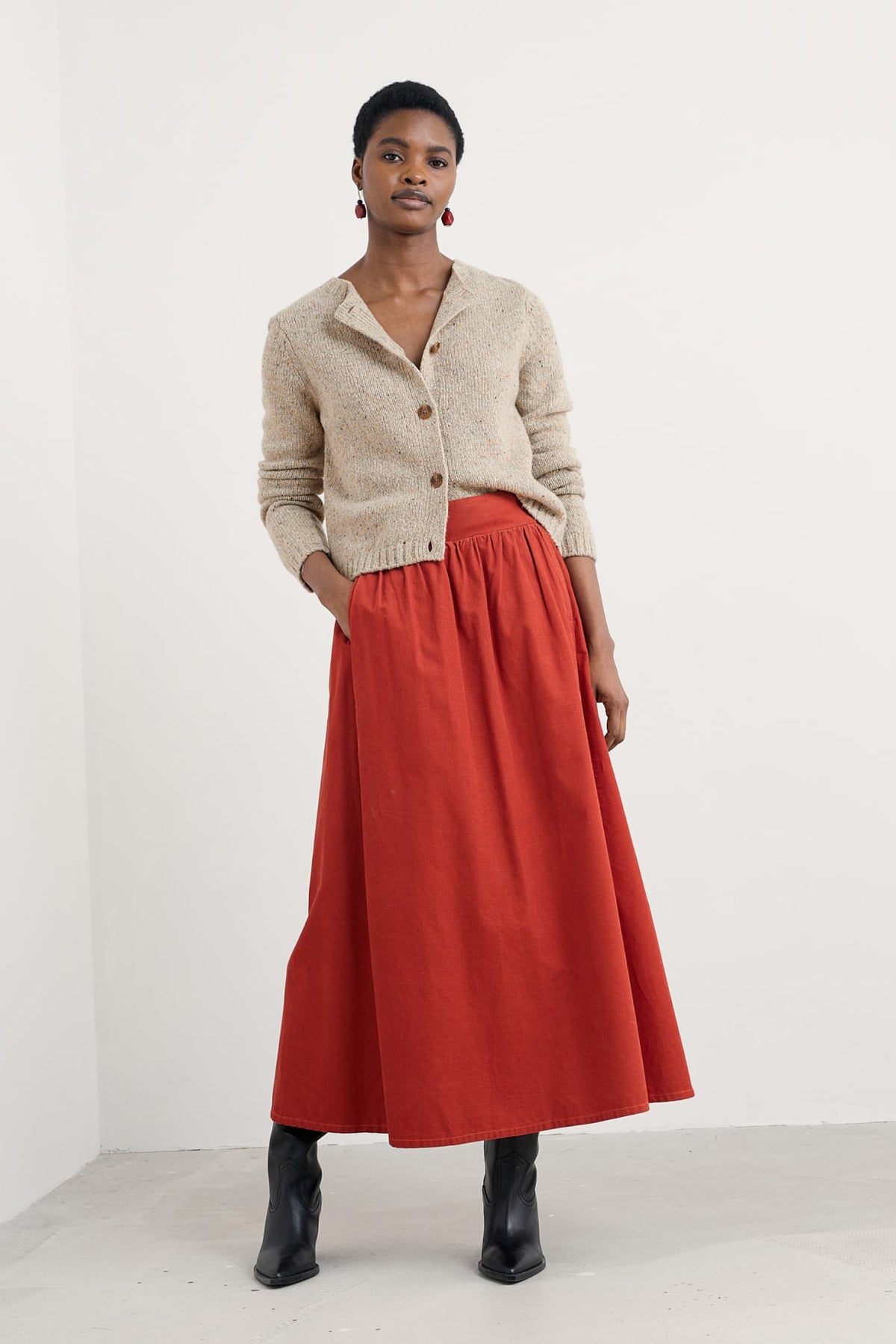 Seasalt Cornwall - Mevagissey Midi Skirt in Organic Cotton - Dark Cinnamon