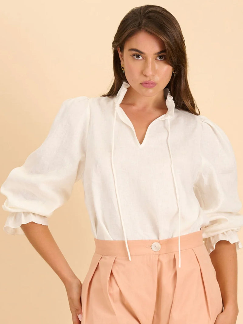 State Of Embrace Frill Neckline and Cuff Linen Blouse - Various Colours