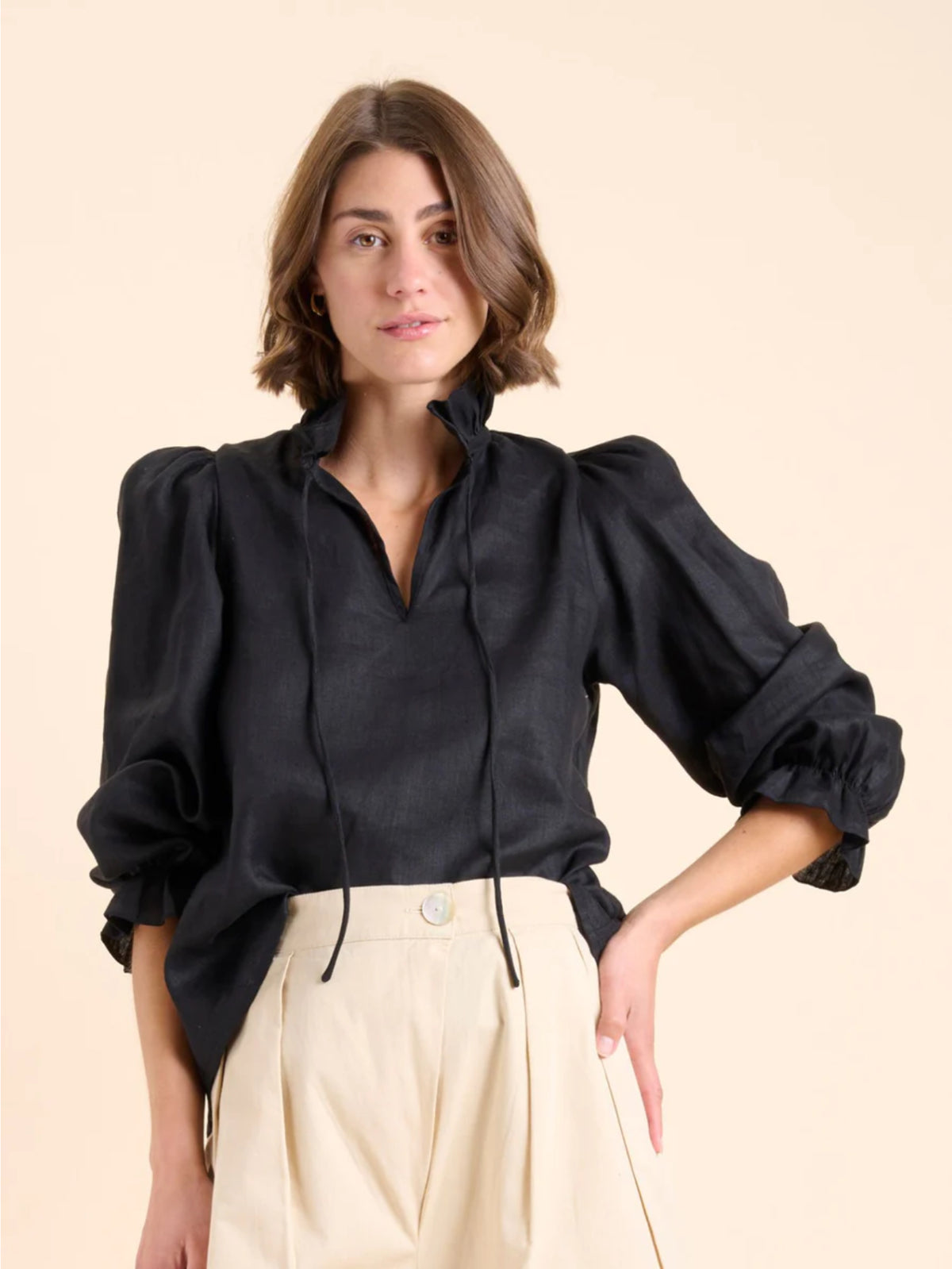 State Of Embrace - Frill Neckline and Cuff Linen Blouse - Black Size 18